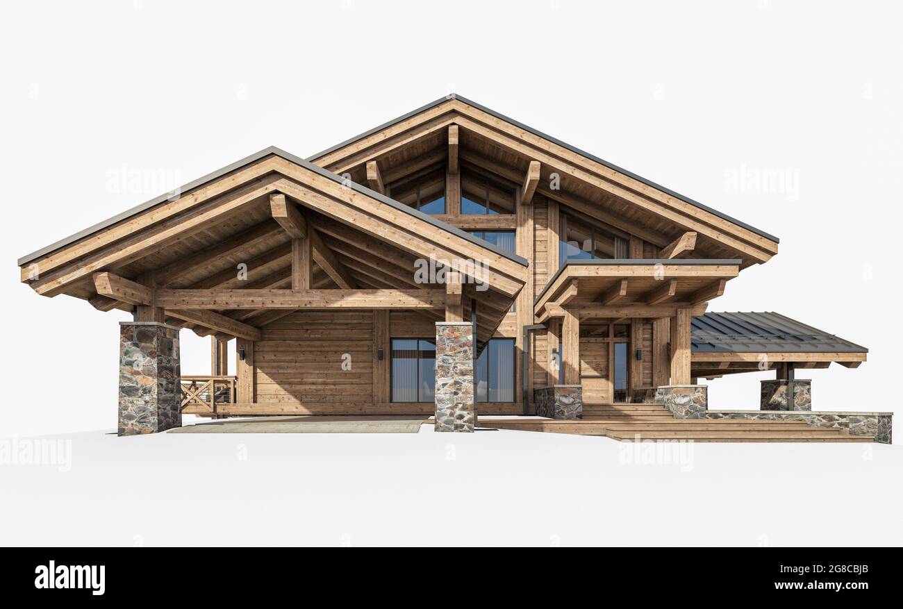 réalisation en 3d d'un chalet moderne et confortable avec piscine et parking à vendre ou à louer. Colonnes à poutres en bois massives. Journée d'été claire et ensoleillée. Isolé sur blanc Banque D'Images