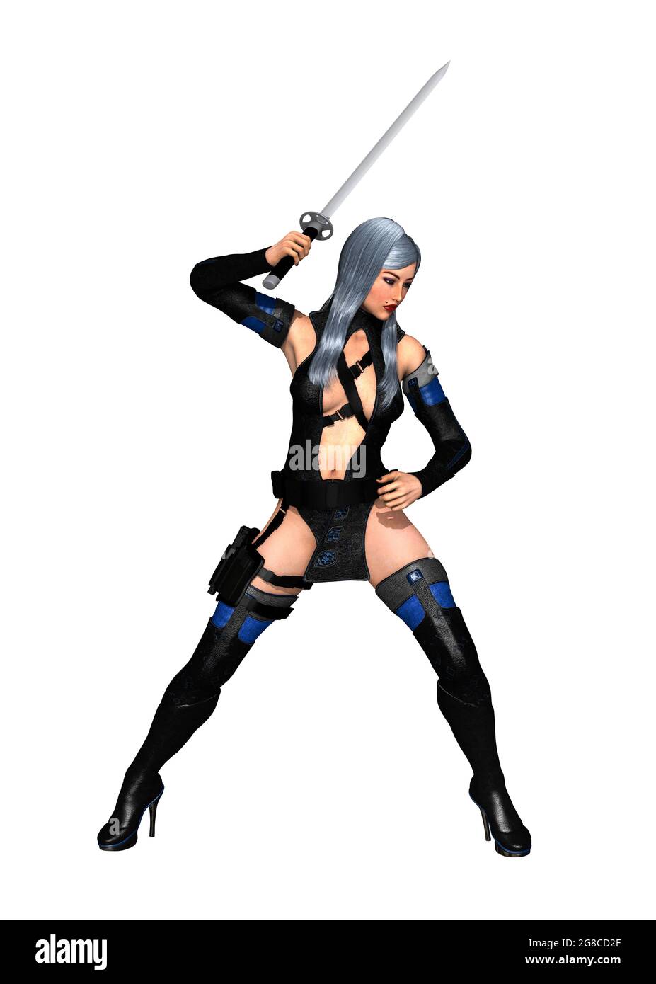 Femme guerrier en uniforme. Armé d'un fusil et d'une épée. En posture d'attaque. Banque D'Images