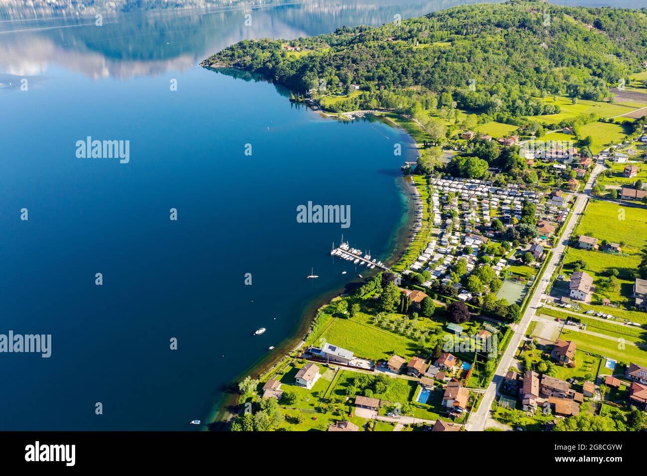 Lac de Côme (IT), baie de Piona, vue aérienne Banque D'Images