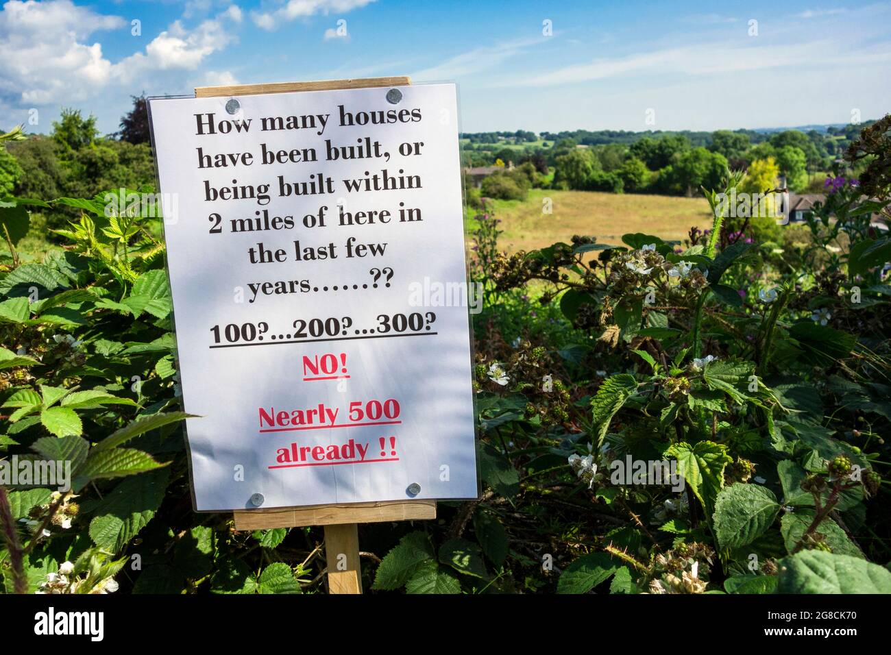 Un signe de protestation à côté d'un terrain soumis à une demande de planification dans les régions rurales de l'Angleterre, au Royaume-Uni Banque D'Images