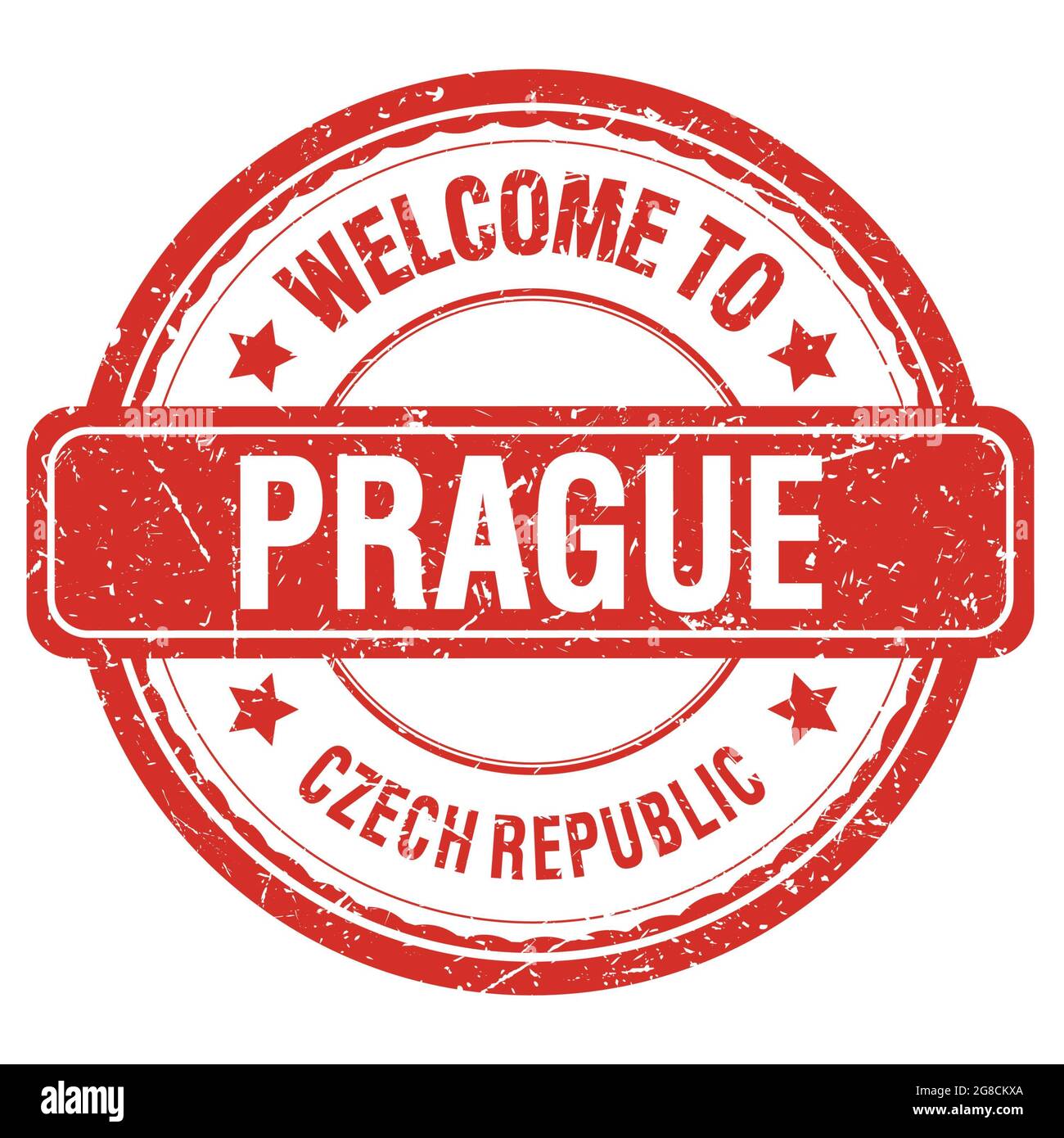 BIENVENUE À PRAGUE - RÉPUBLIQUE TCHÈQUE, mots écrits sur timbre rouge grungy Banque D'Images