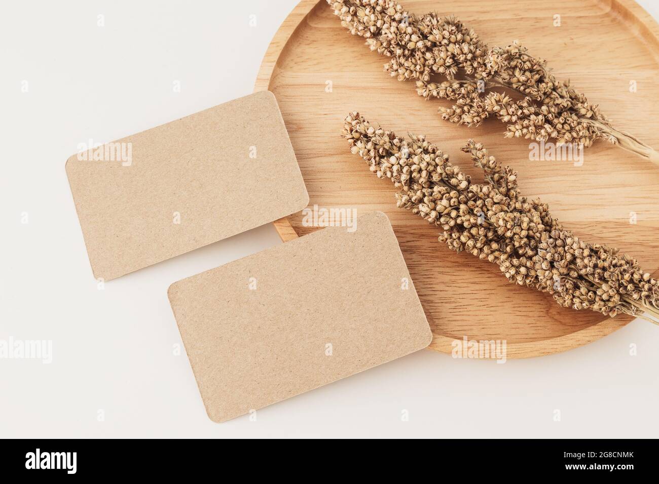 Modèle de maquette de carte de visite en papier Kraft, pose à plat. Style minimaliste. Banque D'Images Modèle de maquette de carte de visite en papier Kraft, pose à plat. Style minimaliste. Banque D'Images
