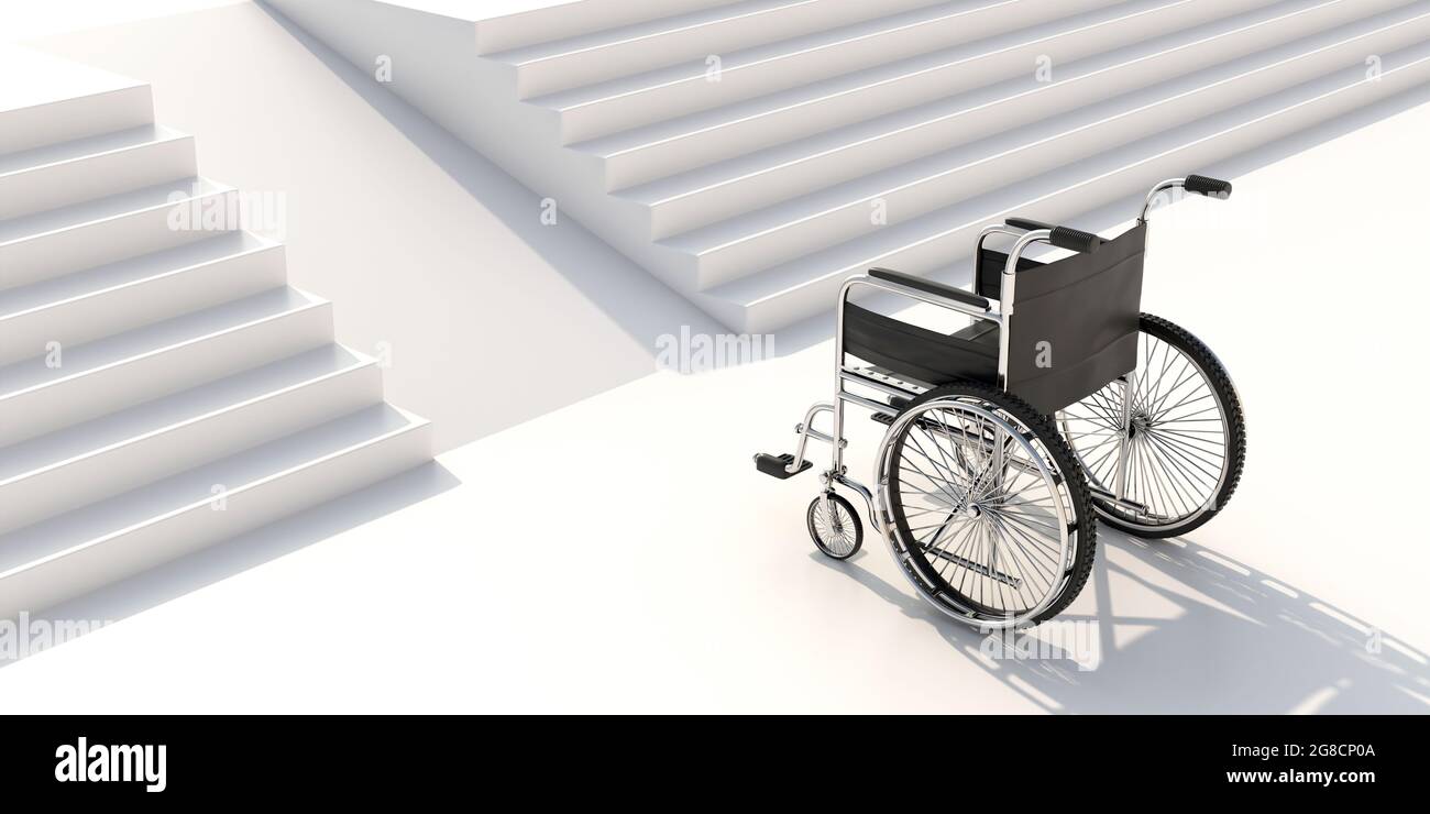 Escaliers et rampe pour fauteuils roulants. Chaise de roue vide devant un  escalier avec rampe, accès pour handicapés et handicapés concept.  illustration 3d Photo Stock - Alamy