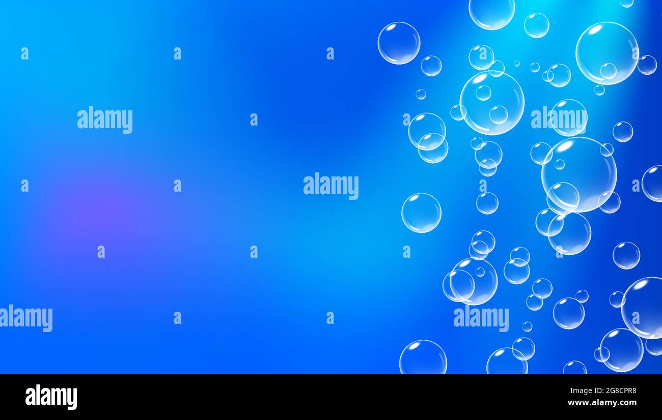 Arrière-plan bleu vif avec bulles de fizzing. Air fuzzy sous l'eau. Illustration vectorielle réaliste. Illustration de Vecteur