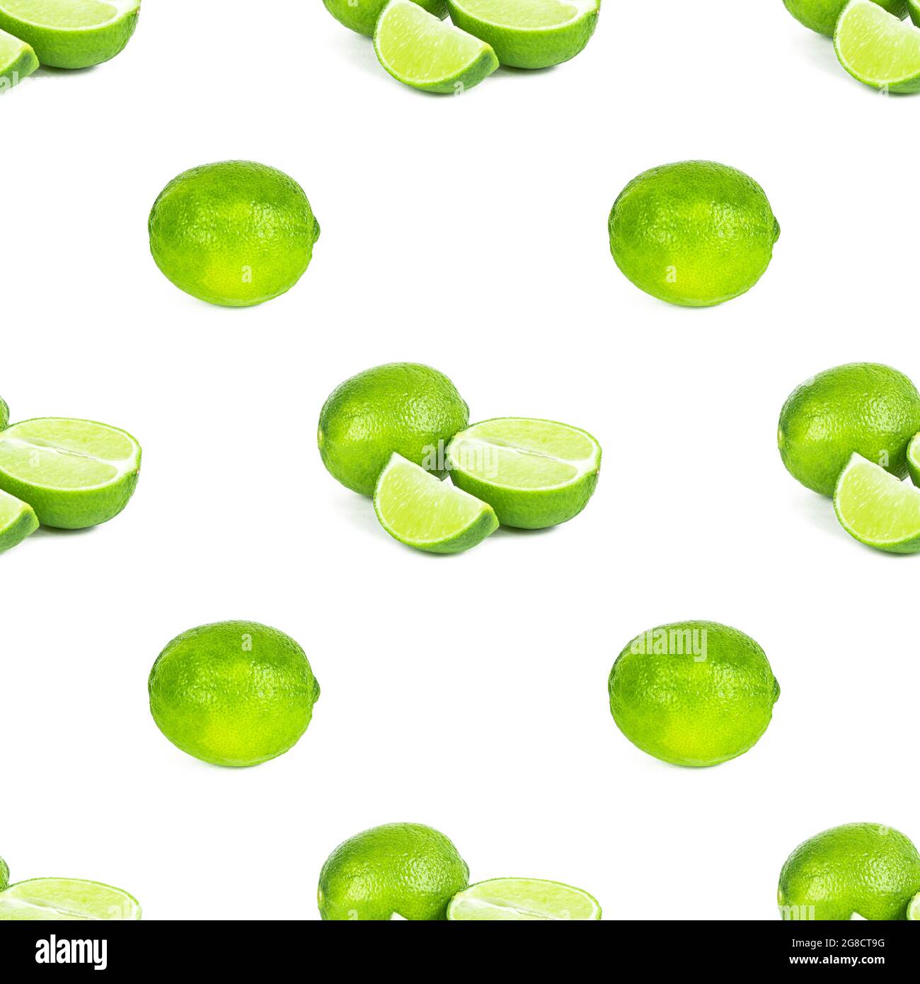 Les limes vertes et les tranches de citron vert répètent le motif sans couture sur fond blanc. Banque D'Images