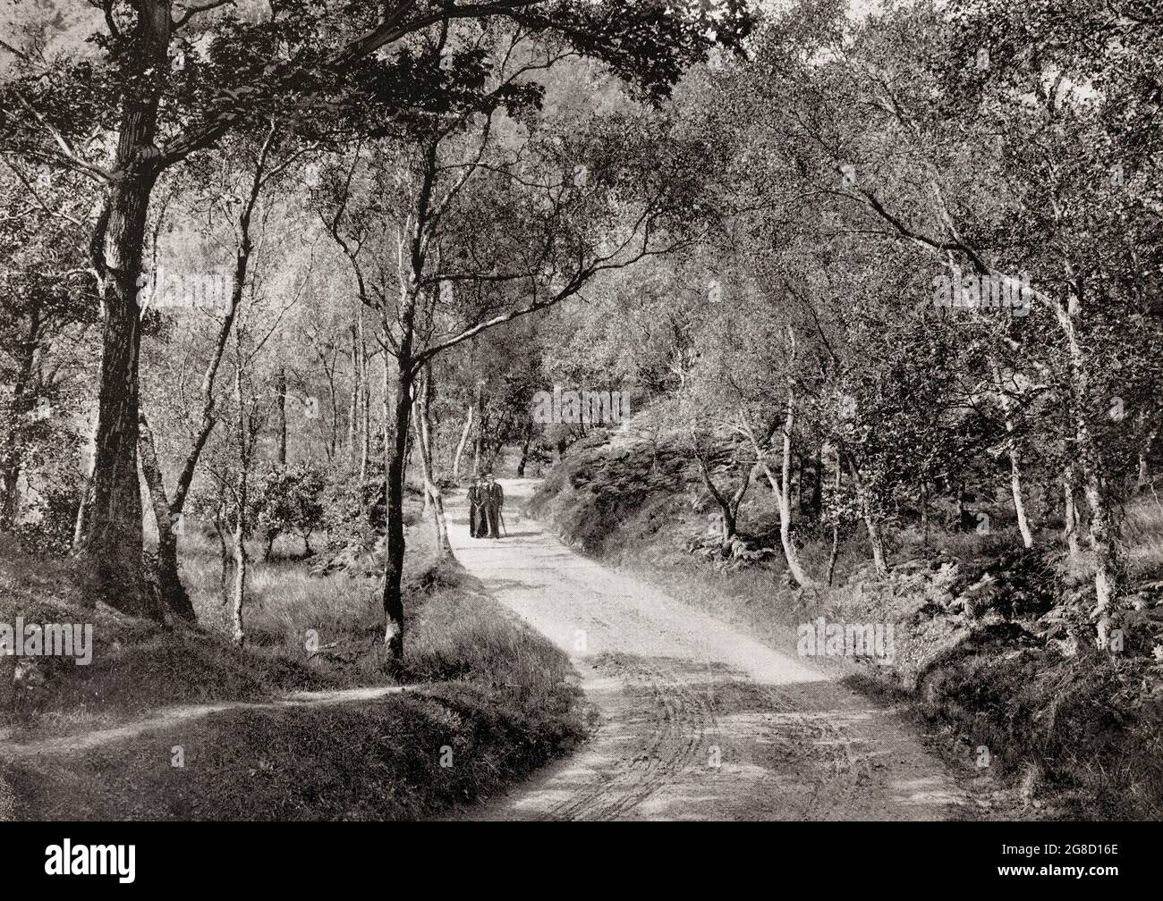 Vue de la fin du XIXe siècle d'un couple qui marche sous le « bouleau gris et tremble », où le chemin a été tracé depuis « la Dame du lac » par Sir Walter Scott, dans les Trossachs, Argyll & Bute, Écosse. Banque D'Images