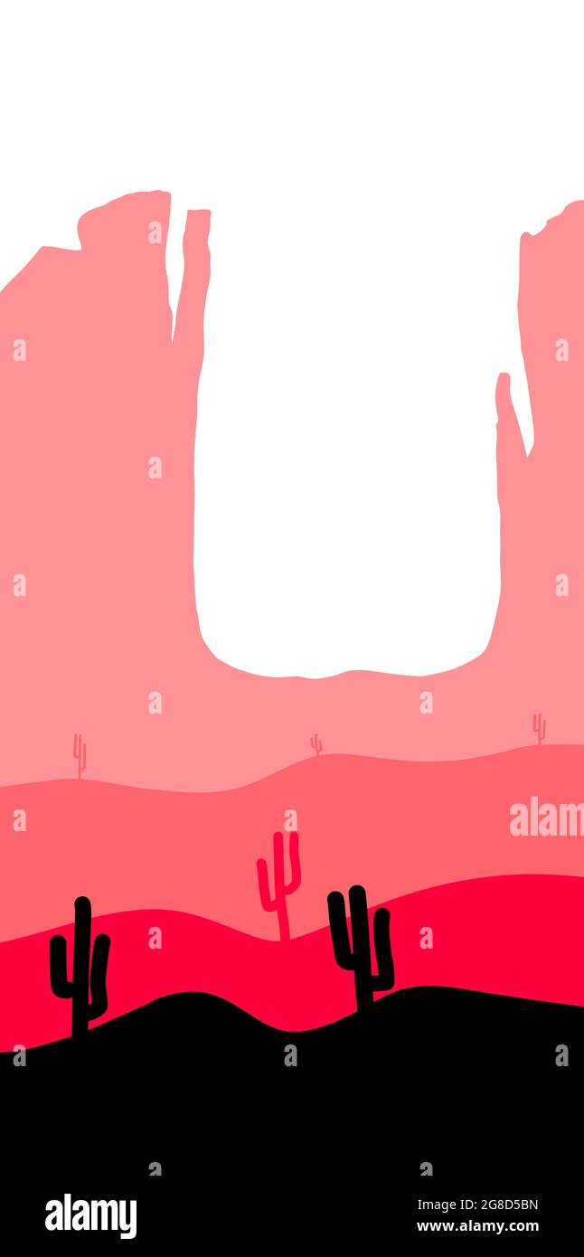 Paysage de désert de dessins animés avec cactus, collines et silhouettes de montagnes, arrière-plan nature. Banque D'Images
