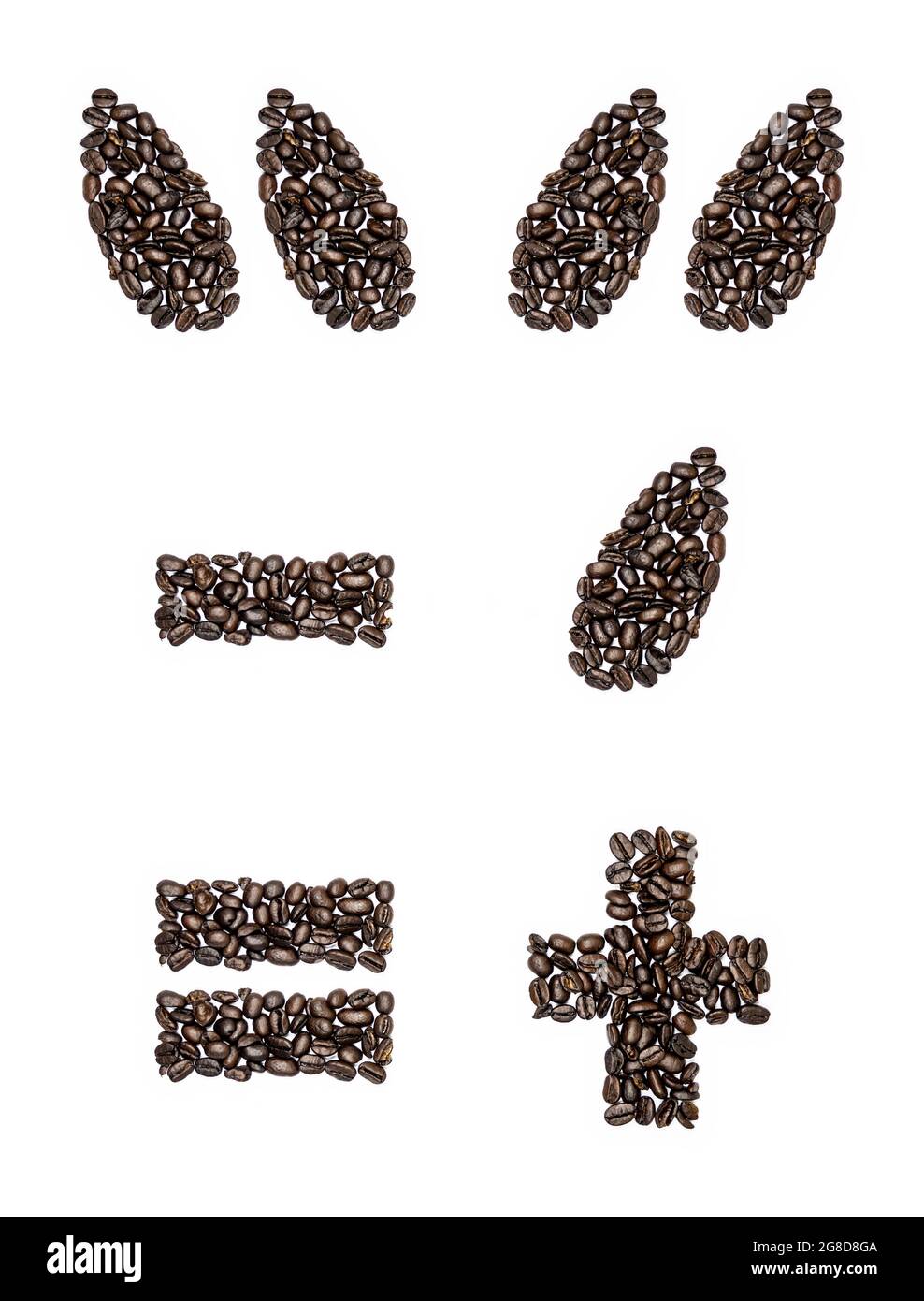Grains de café plus, moins, égaux, guillemets et Apostrophe grains de café soigneusement disposés pour créer plus, moins, égaux, guillemets et AP Banque D'Images