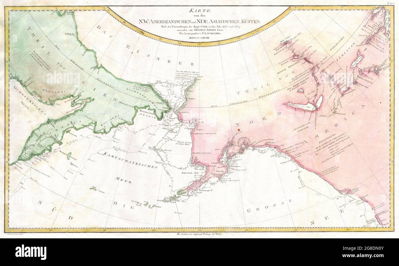 Carte des explorations de James Cook le long de la côte nord-ouest de l’Amérique et de la côte nord-est de l’Asie. Basé sur l'œuvre originale du cartographe de Cook Henry Roberts. Représente une grande partie de la Sibérie et du Kamtschaka en Asie et, en Amérique, montre le Canada aussi loin à l'est que les parties occidentales de la baie d'Hudson. L'Alaska et l'Asie sont montrés avec une précision considérable bien que l'île de Vancouver soit manquante. Montre plusieurs lacs à l'ouest de la baie d'Hudson dans ce qui est aujourd'hui le nord-ouest du Canada. Nombreux sondages de profondeur détaillés le long des pistes d'exploration. Date 1788 Banque D'Images