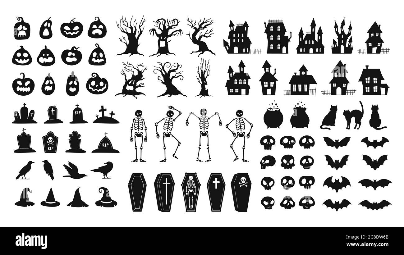 Silhouettes d'horreur. Décor Halloween effrayant crânes et squelettes, chapeaux de sorcière, chats noirs, corneilles et cercueils de cimetière. Ensemble de vecteurs de maison effrayante Illustration de Vecteur