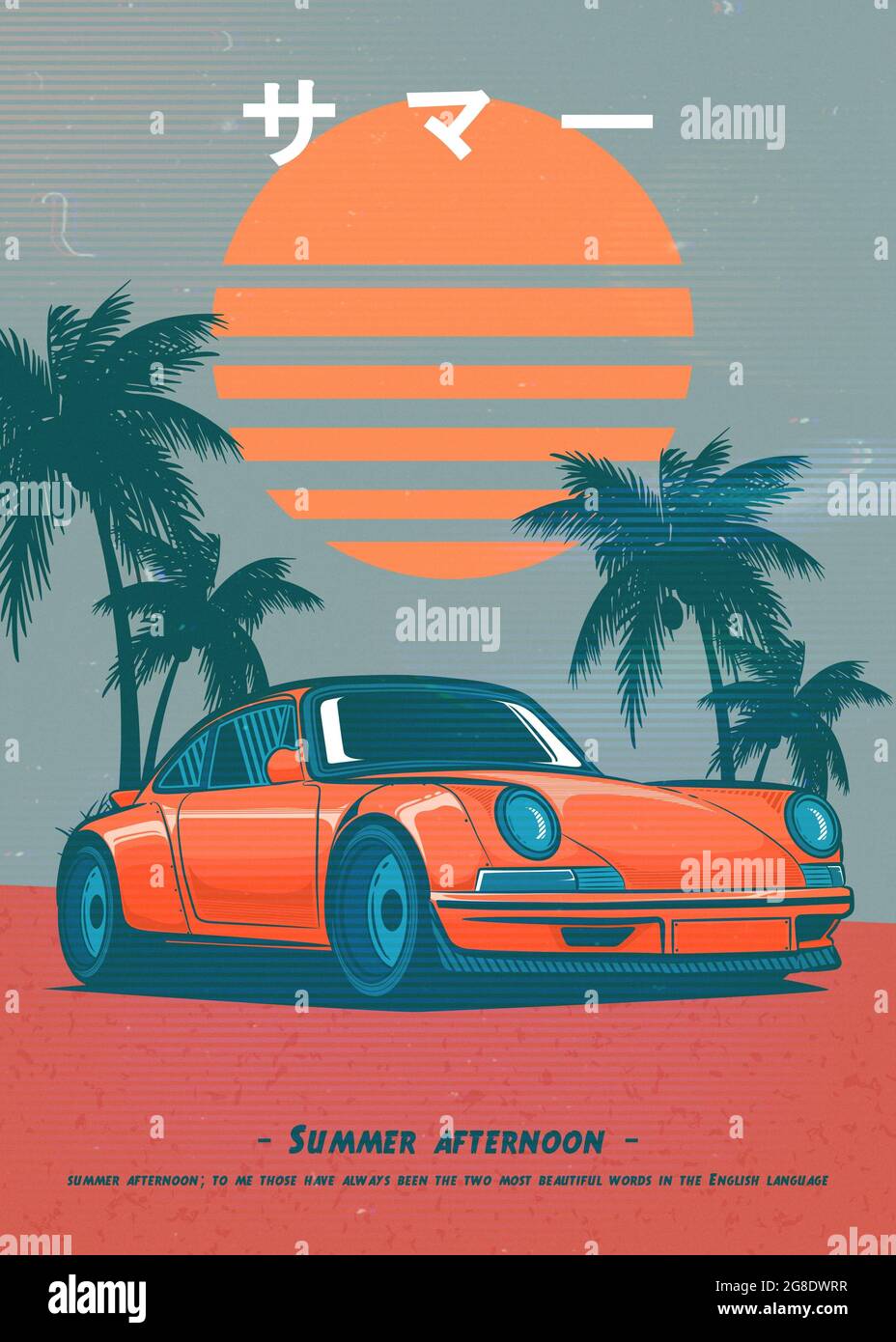 Affiche Vintage Avec Une Voiture De Muscle Sur Une Plage Et Esthetique Japonaise Avec Une Citation Reconfortant Photo Stock Alamy
