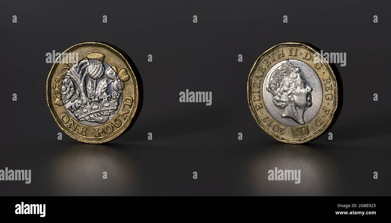 Photo macro britannique d'une livre. La pièce de monnaie résiste aux signes de circulation, à l'état usé. Isolé sur fond gris. Banque D'Images