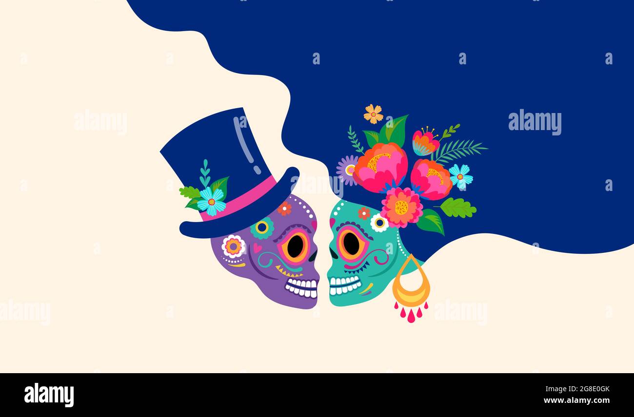 Jour des morts, Dia de los muertos avec en couple amoureux, concept de mariage mexicain, crânes femme et homme, bannière avec fleurs mexicaines colorées. Fiesta Illustration de Vecteur