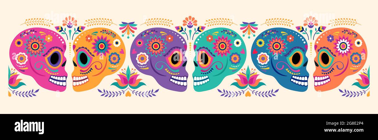 Jour des morts, Dia de los muertos, bannière aux fleurs mexicaines colorées. Fiesta, affiche des fêtes d'Halloween, circulaire de fête, carte de vœux amusante Illustration de Vecteur