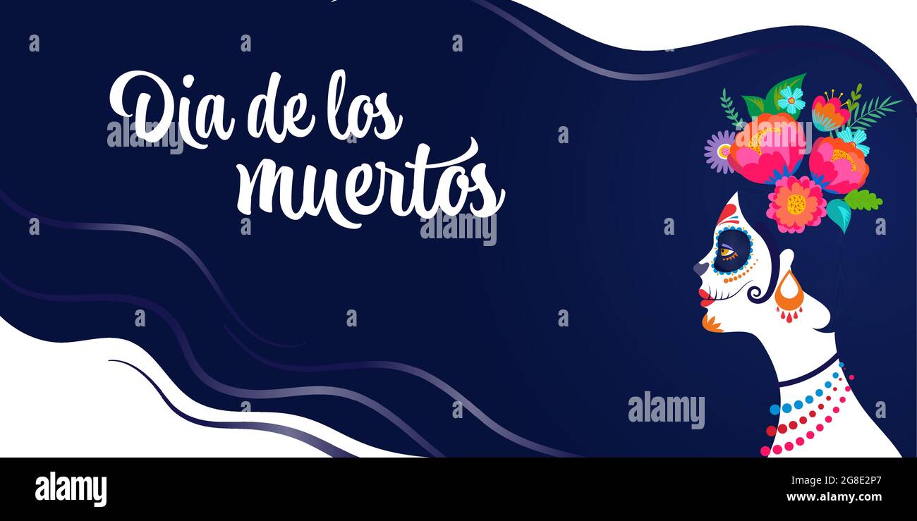 Dia de los muertos, jour des morts, vacances mexicaines, festival. Affiche, bannière et carte avec maquillage du crâne de sucre, femme avec couronne de fleur Illustration de Vecteur