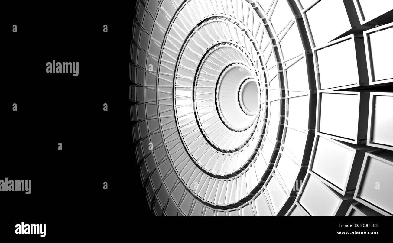 rendu 3d des cercles blancs en spirale et repliés vers l'intérieur avec un arrière-plan noir sur la gauche Banque D'Images