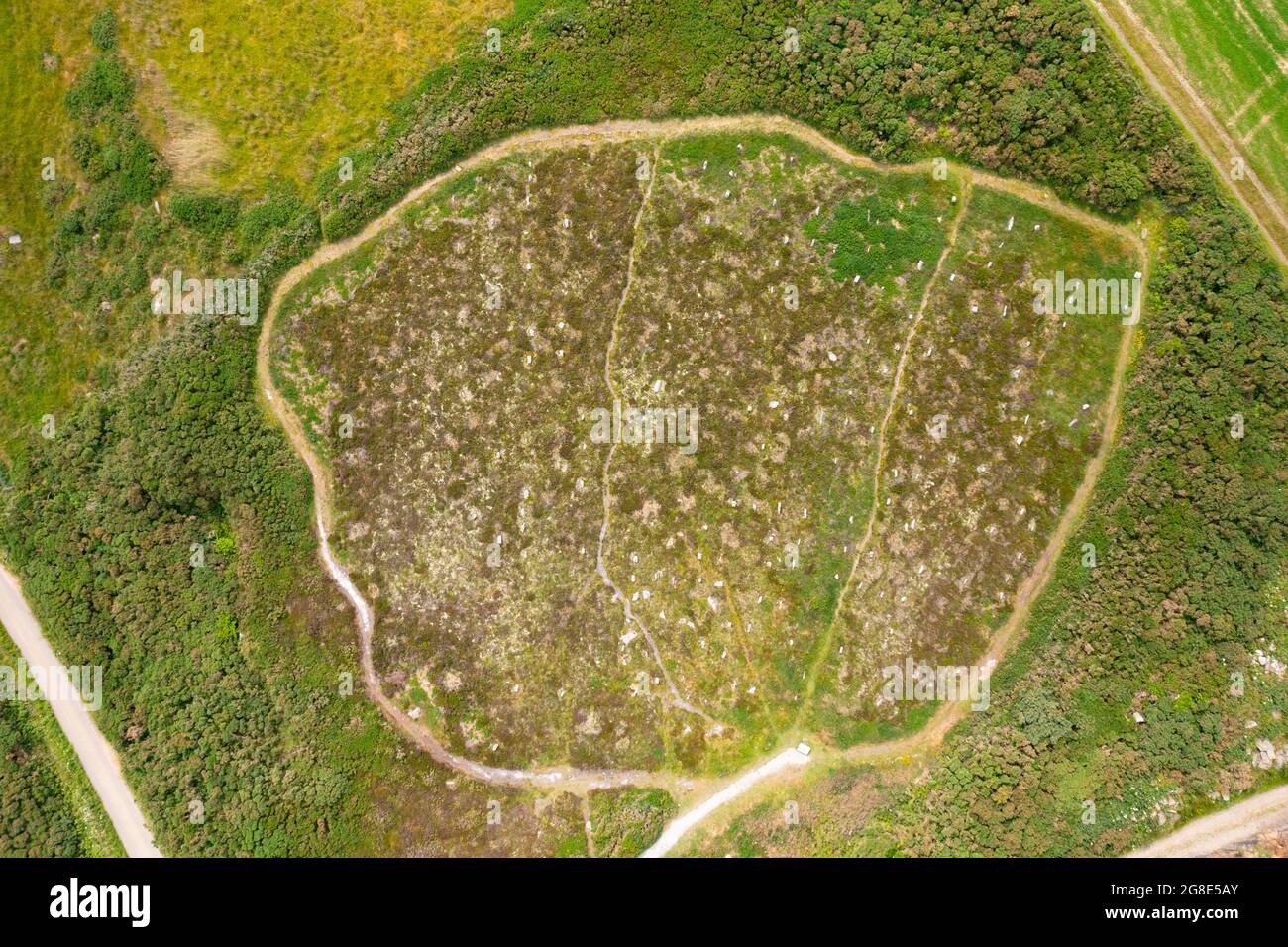 Vue aérienne du drone du site archéologique Hill 'O Many Stanes à Mid Clyth, Wick, Caithness, Écosse, Royaume-Uni Banque D'Images
