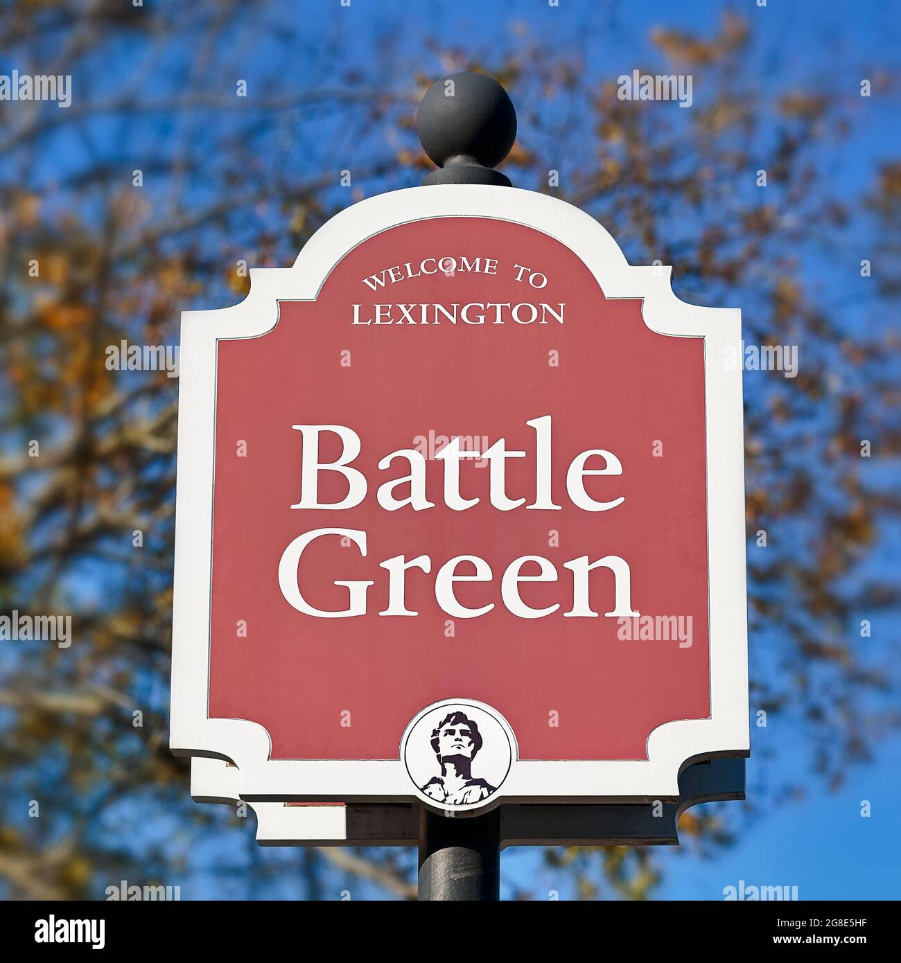 Panneau qui indique Bienvenue à Lexington Battle Green, Lexington, Massachusetts, États-Unis Banque D'Images