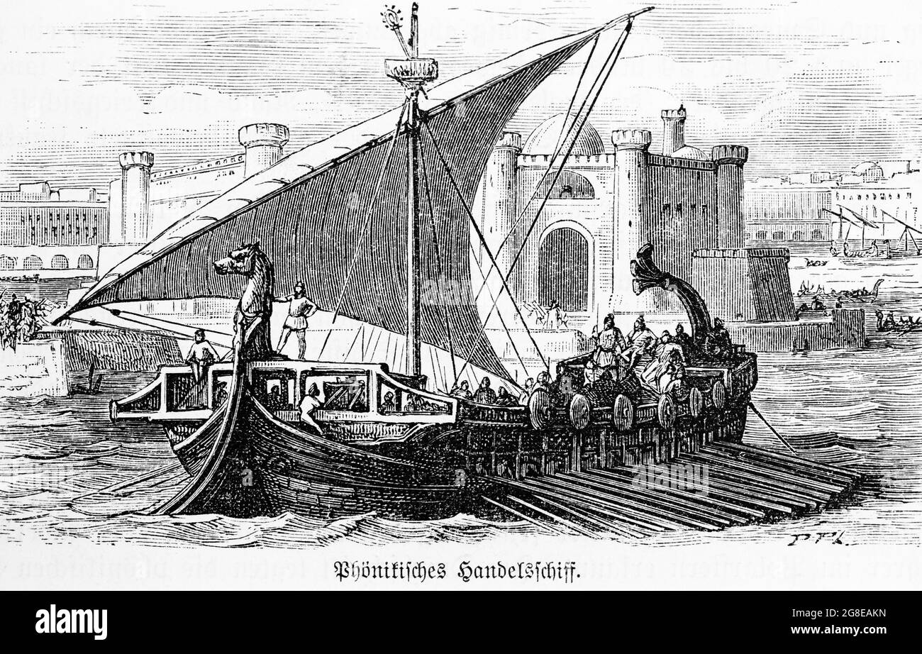Bateau marchand phénicien quittant le port avec l'équipage complet, illustration historique Banque D'Images