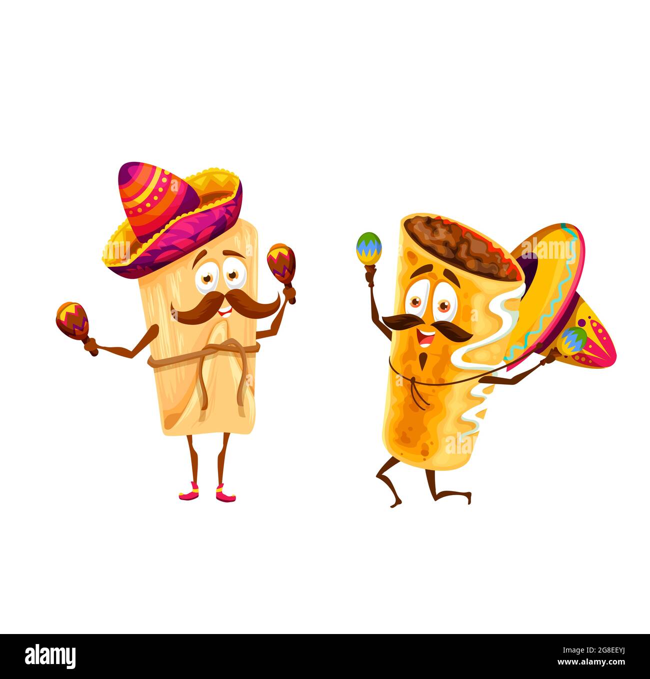 Caricature mexicaine tamales et chimichanga personnages heureux. Vector mariachi musiciens drôles dans sombrero jouant maracas, tex mex fastfood artistes avec m Illustration de Vecteur
