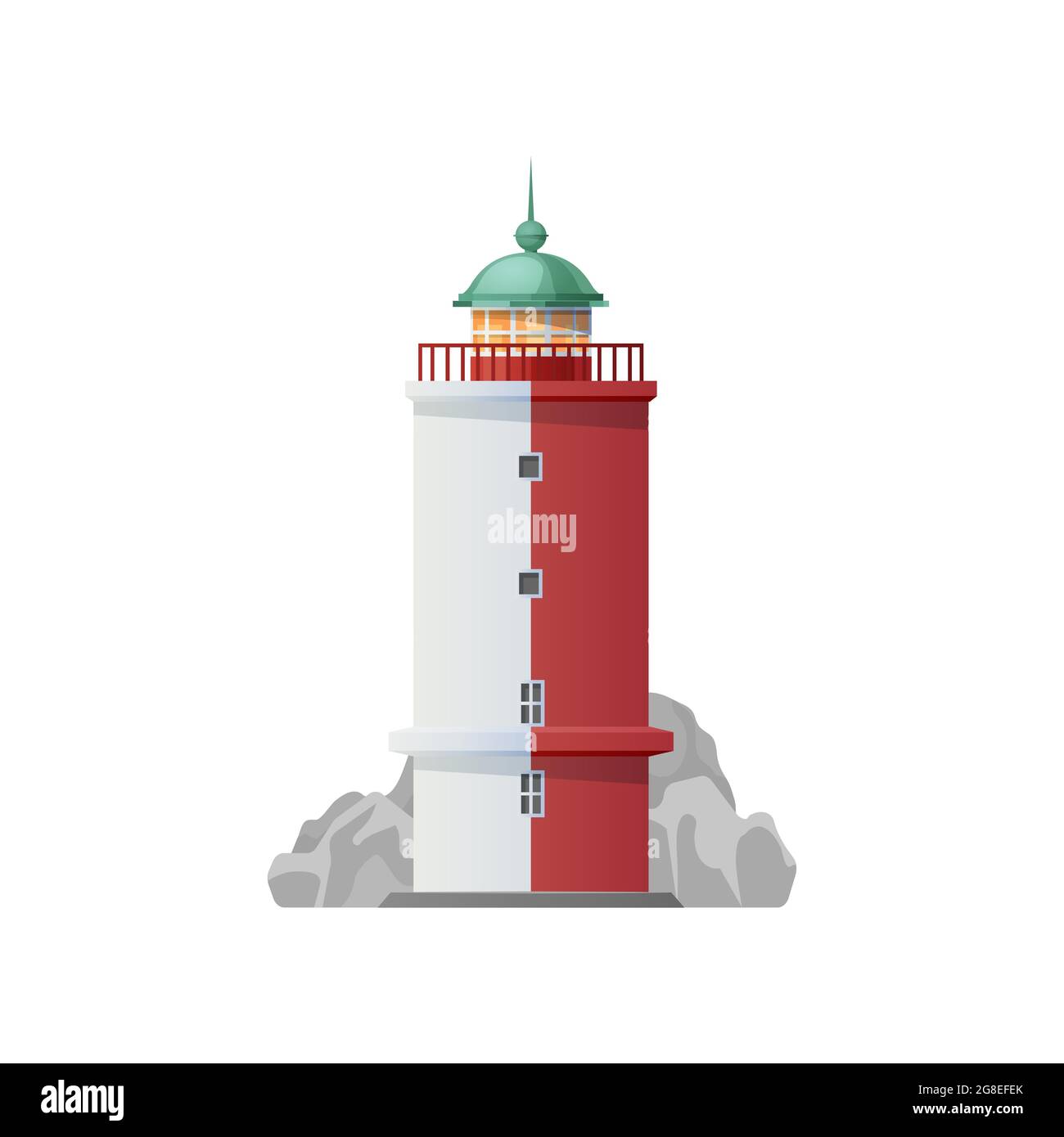 Phare emblématique avec un vecteur isolé de l'océan et de la tour de balise maritime, navigation nautique et conception de voyage marin. Maison de lumière de plage de bord de mer avec Illustration de Vecteur