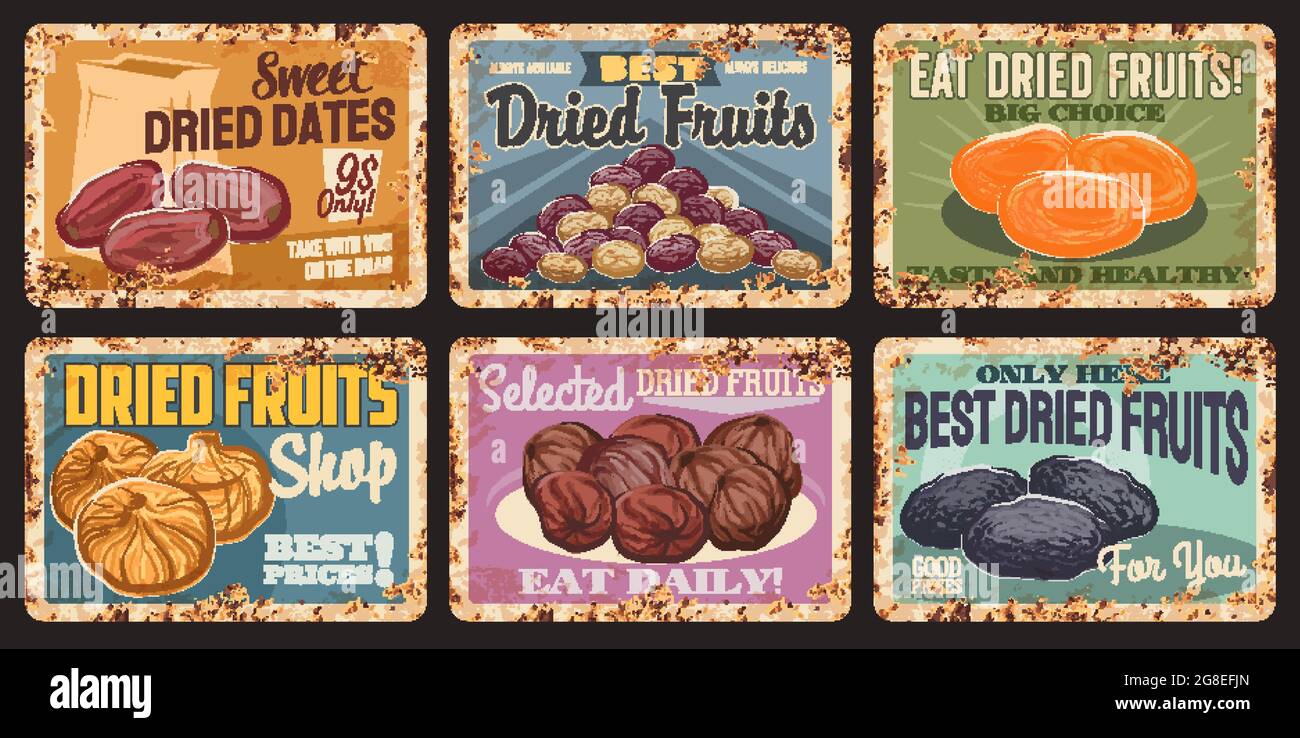 Fruits secs plaques rouillées vintage. Dattes vectorielles, raisins secs et abricots secs, figues, pruneaux. Alimentation saine, magasin de fruits secs ou marché de produits biologiques Illustration de Vecteur