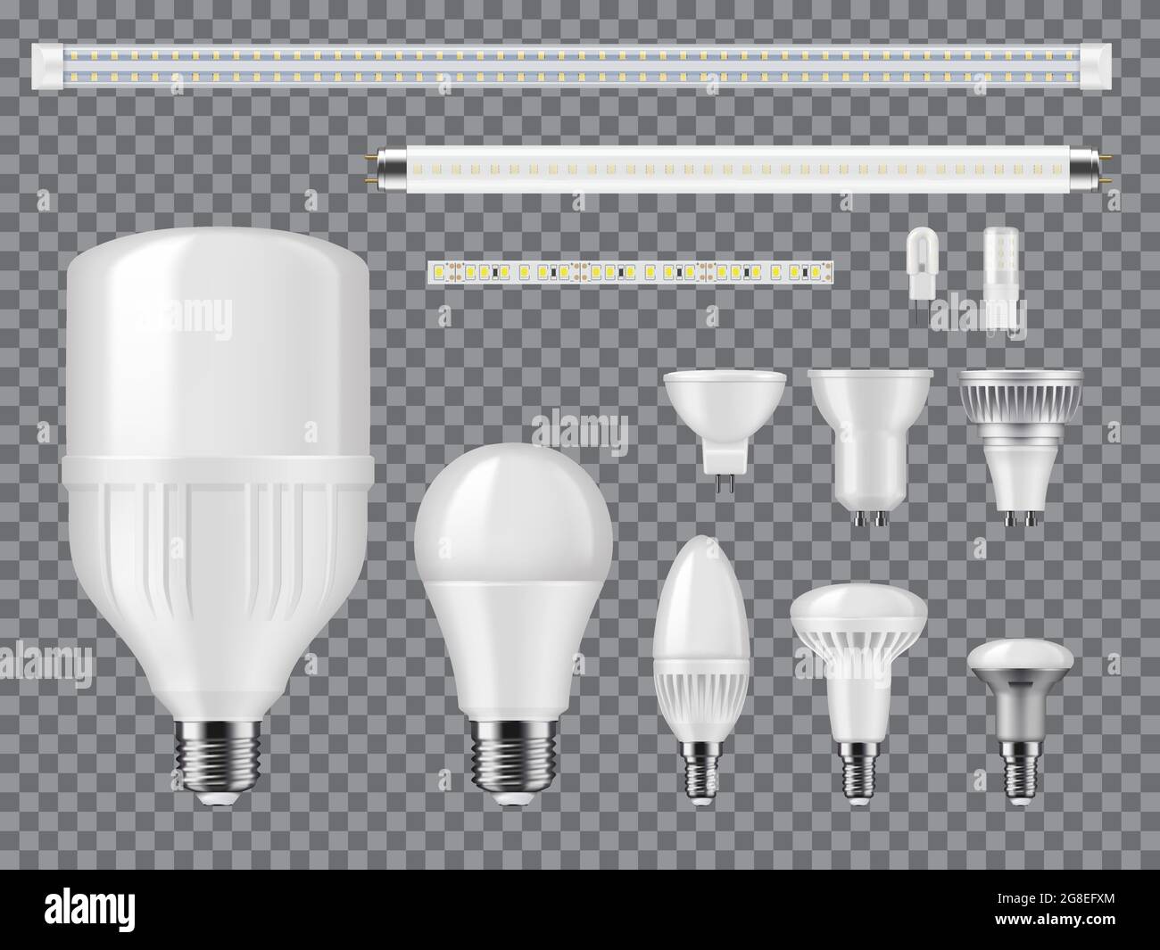 Maquettes D'ampoules À LED et halogènes, de lampes linéaires et de bandes. Ampoules à incandescence réalistes à vecteur moderne avec diodes, bases à vis et à broches, dissipateurs thermiques et m Illustration de Vecteur