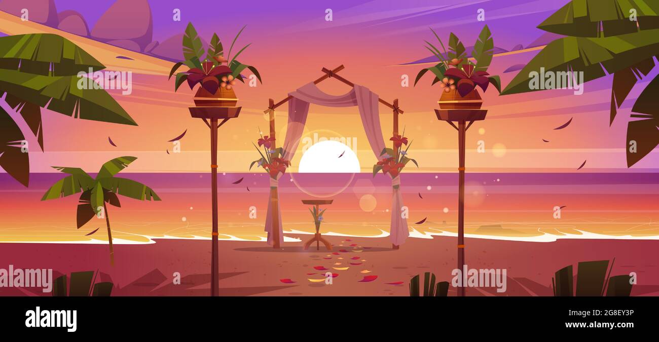 Cérémonie de mariage sur la plage avec arc floral au coucher du soleil Illustration de Vecteur