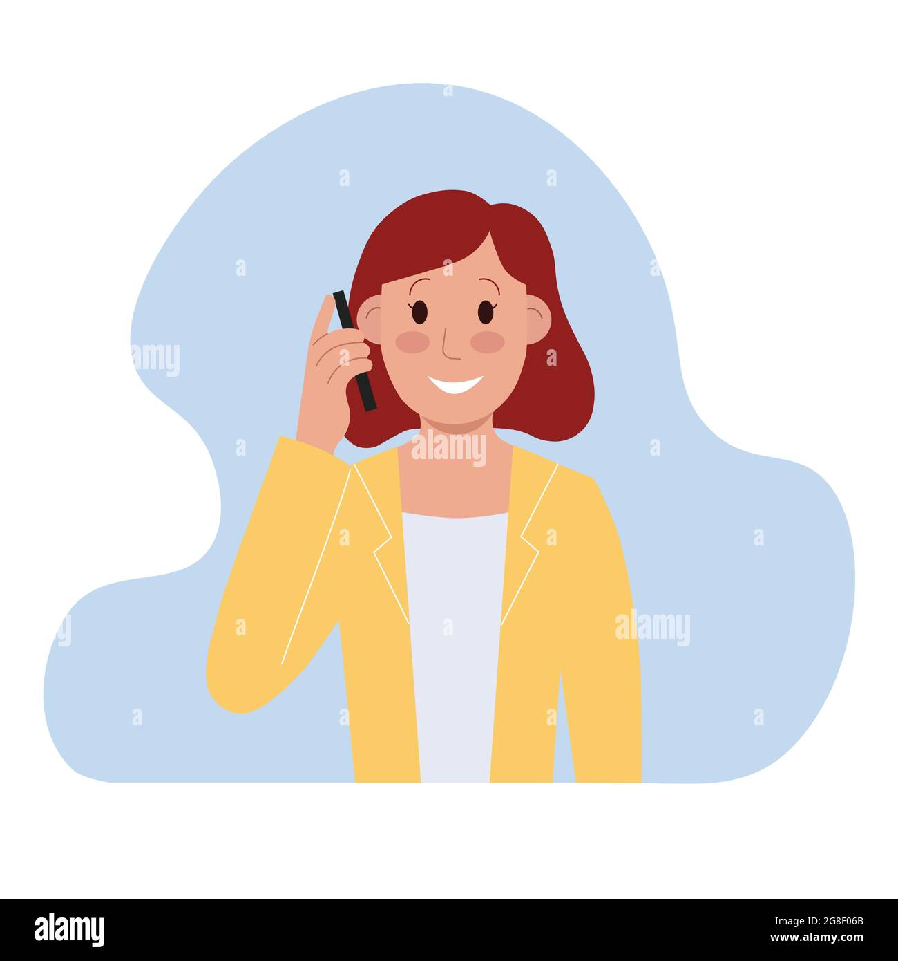 Jeune femme souriante parlant sur un smartphone. Illustration vectorielle de style dessin animé plat sur fond bleu Illustration de Vecteur