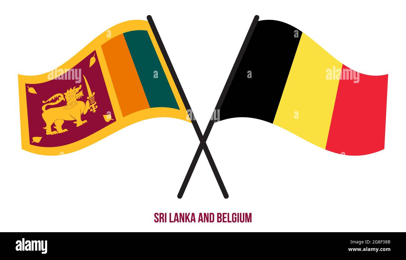 Les drapeaux de Sri Lanka et de Belgique sont croisés et ondulés de style plat. Proportion officielle. Corriger les couleurs. Illustration de Vecteur