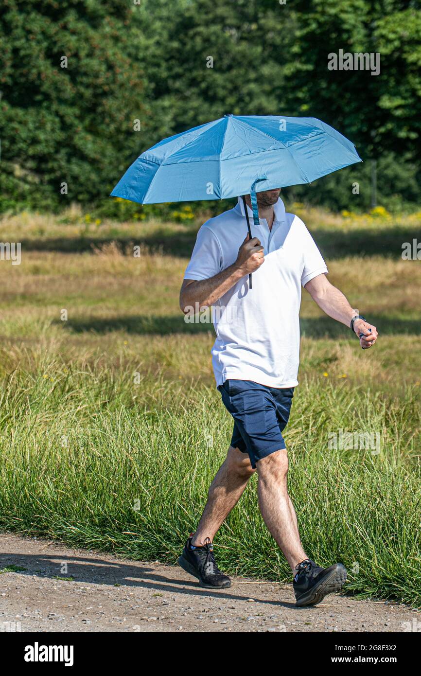 WIMBLEDON LONDRES 20 juillet 2021 . Un homme se hante sous un parapluie lors d'une matinée ensoleillée sur Wimbledon Common. Le bureau du met a émis pour la première fois un avertissement ambre de chaleur extrême pour Londres et le sud-est de l'Angleterre, car les températures devraient atteindre 33 degrés Celsius pendant la mini - vague de chaleur . Credit amer ghazzal/Alamy Live News Banque D'Images