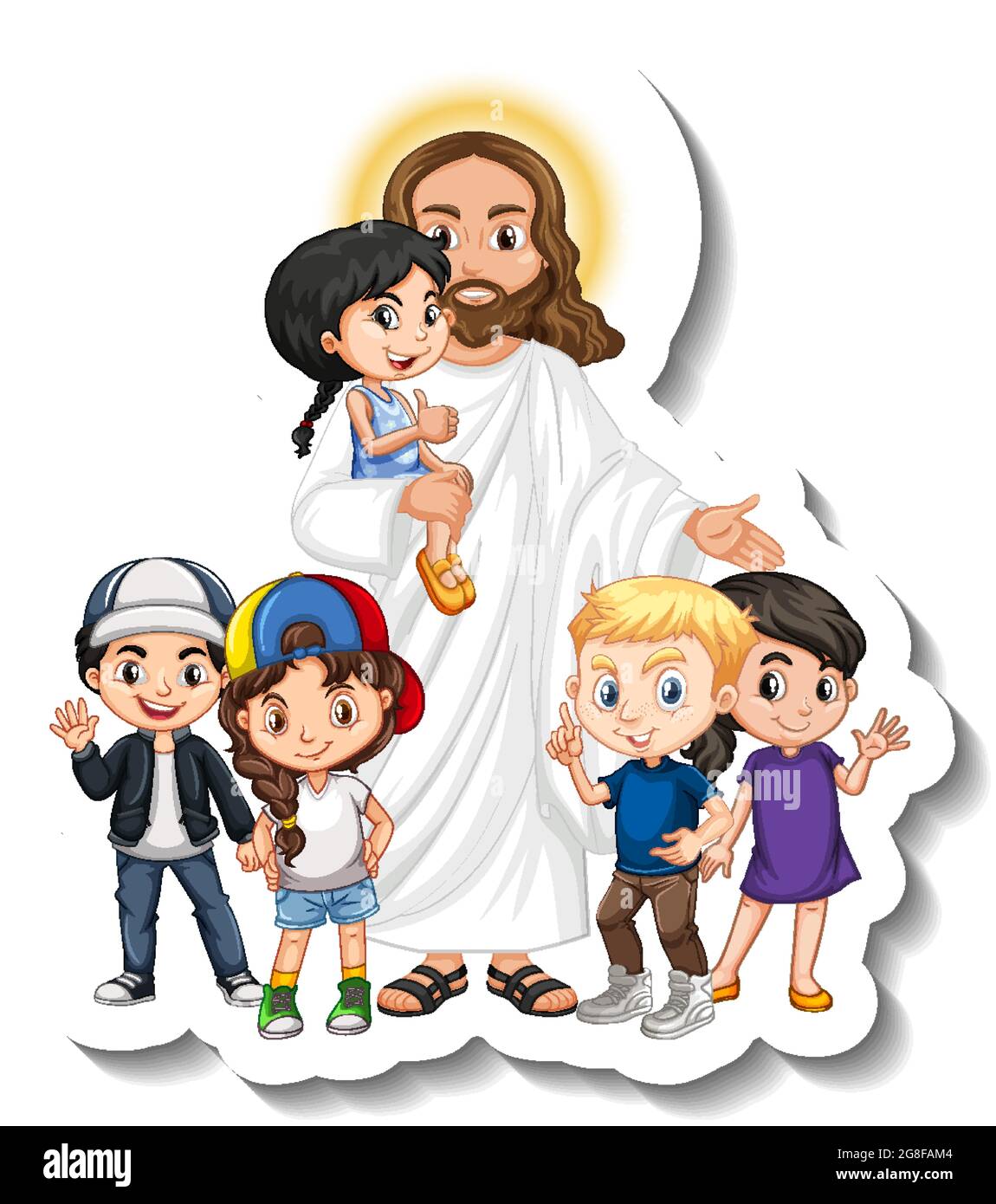 Jésus-Christ avec enfants autocollant de groupe sur fond blanc illustration Illustration de Vecteur