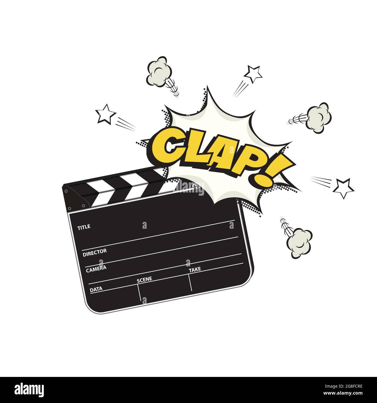 Carte de clapper de cinéma pour un son de clap. Filmer un film ou une illustration vectorielle de tableau de bord. Tableau noir avec texte sur fond blanc. Filmmaki Illustration de Vecteur
