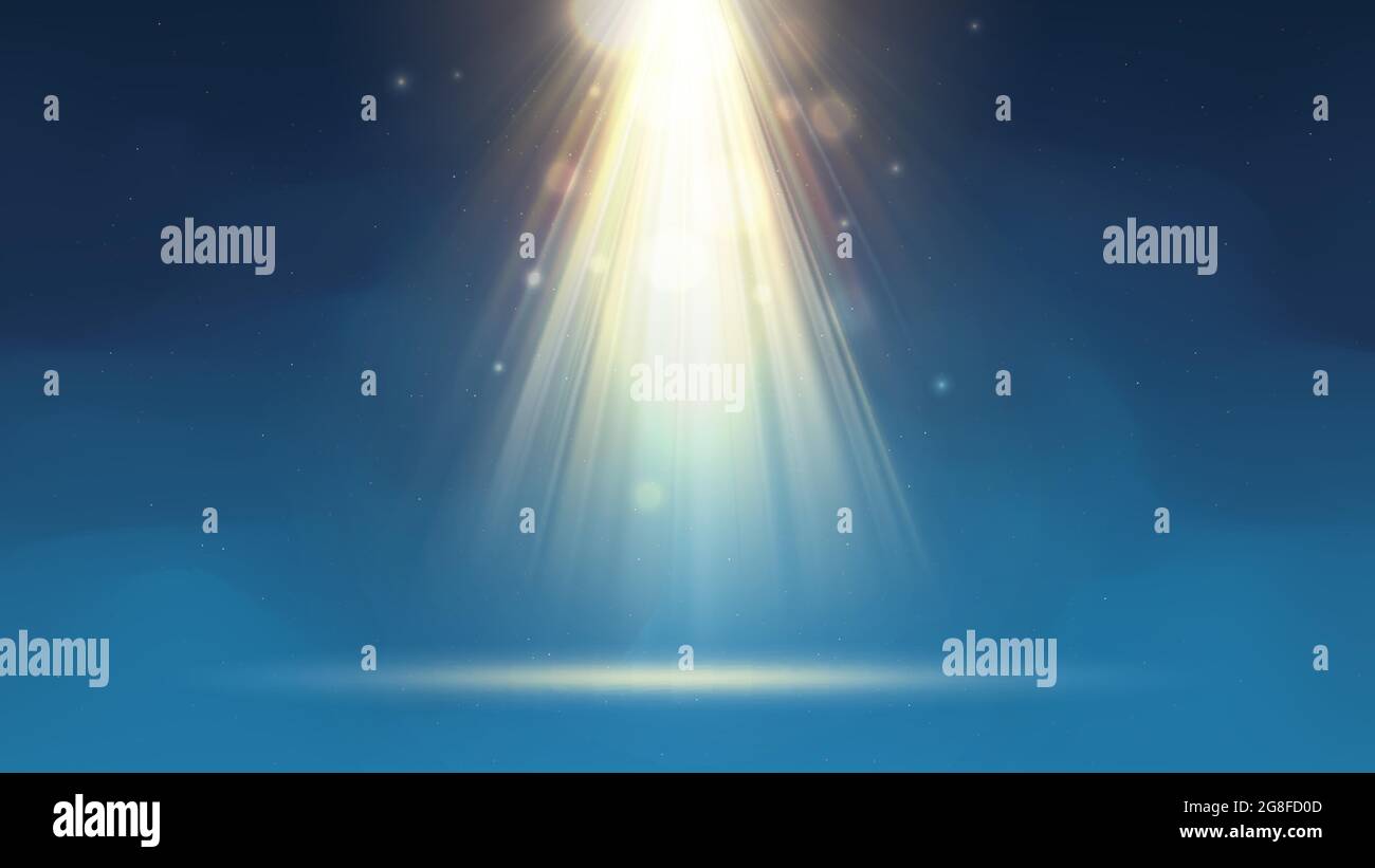 Spot doré. Fond bleu avec brouillard, scène fumée. Faisceaux dorés de spot, bokeh, particules scintillantes, spot de lumière. Toile de fond Illustration de Vecteur