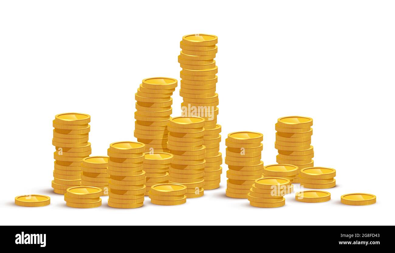 Illustration vectorielle de la maquette des piles de pièces de monnaie en or. Tas de liquidités, richesse isolée sur fond blanc. Service bancaire, prêt d'argent. Investissement réussi, jackp Illustration de Vecteur