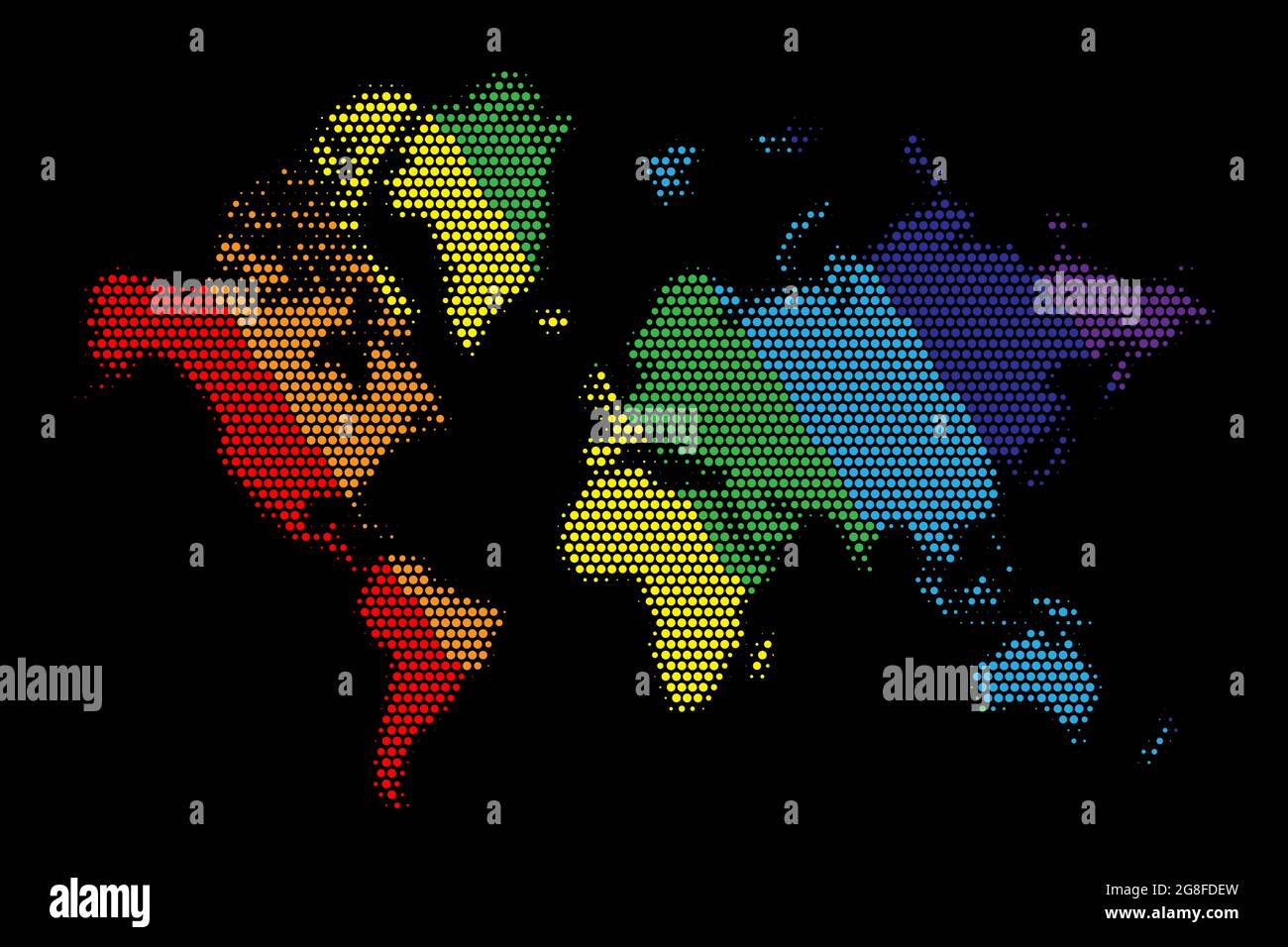 Carte du monde en points colorés sur fond noir. Terre continents en arc-en-ciel couleurs illustration vectorielle. Amérique, Asie, Afrique, Australie, Europe in Illustration de Vecteur