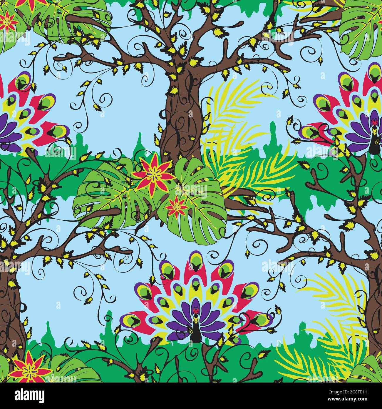 Motif vectoriel sans couture avec forêt tropicale et paon sur fond bleu clair. Papier peint paradis coloré pour les enfants. Illustration de Vecteur
