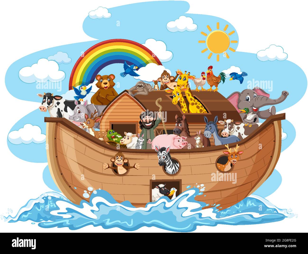 Arche de Noé avec des animaux sur la vague d'eau isolée sur blanc illustration d'arrière-plan Illustration de Vecteur
