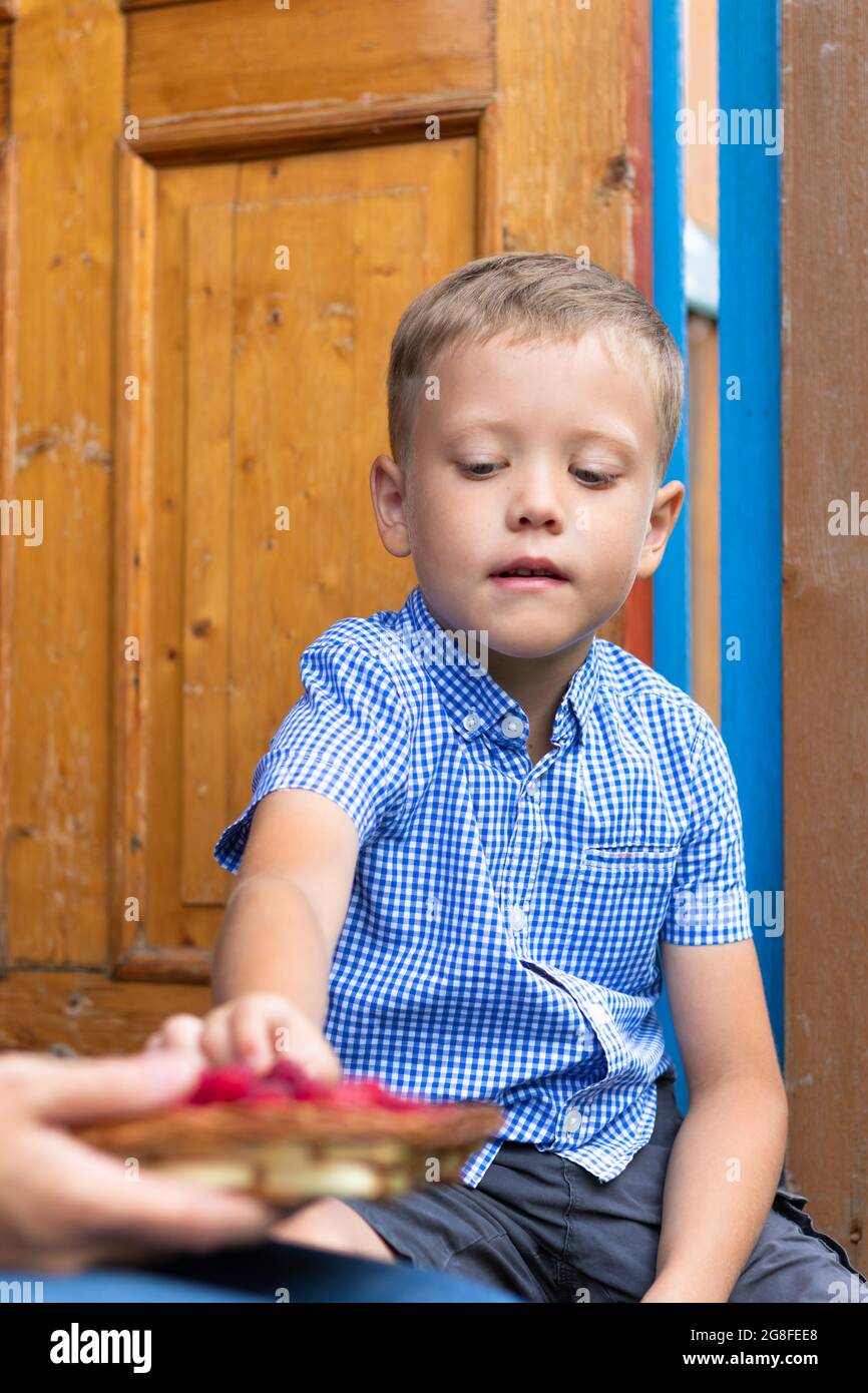 Un garçon de six ans, content, mange des framboises fraîches et parfumées dans le village à l'extérieur, au seuil de la maison. Mise au point sélective. Portrait Banque D'Images