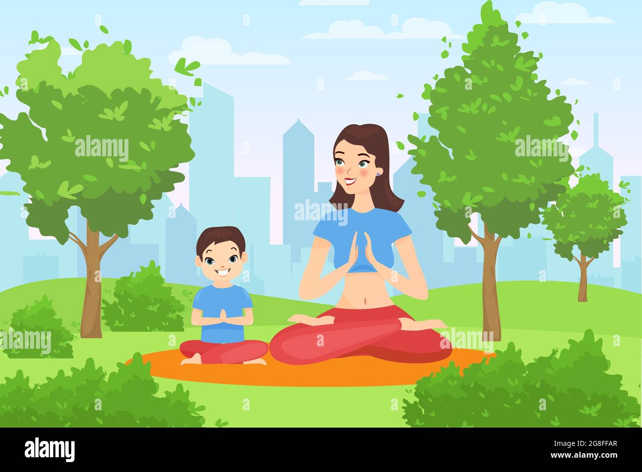 Yoga en plein air en famille dans le parc d'été, mère heureuse et enfant fils assis en position lotus Illustration de Vecteur