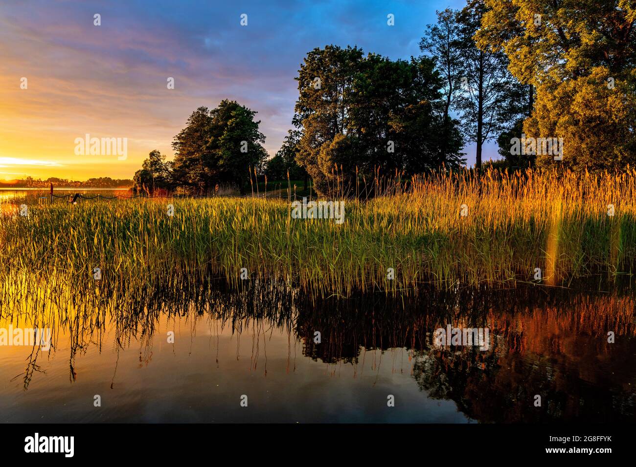 Vue panoramique d'été au coucher du soleil sur le lac Jezioro Selmet Wielki avec jetée d'époque, roseaux et rivage dans le village de Sedki dans la région de Masuria en Pologne Banque D'Images