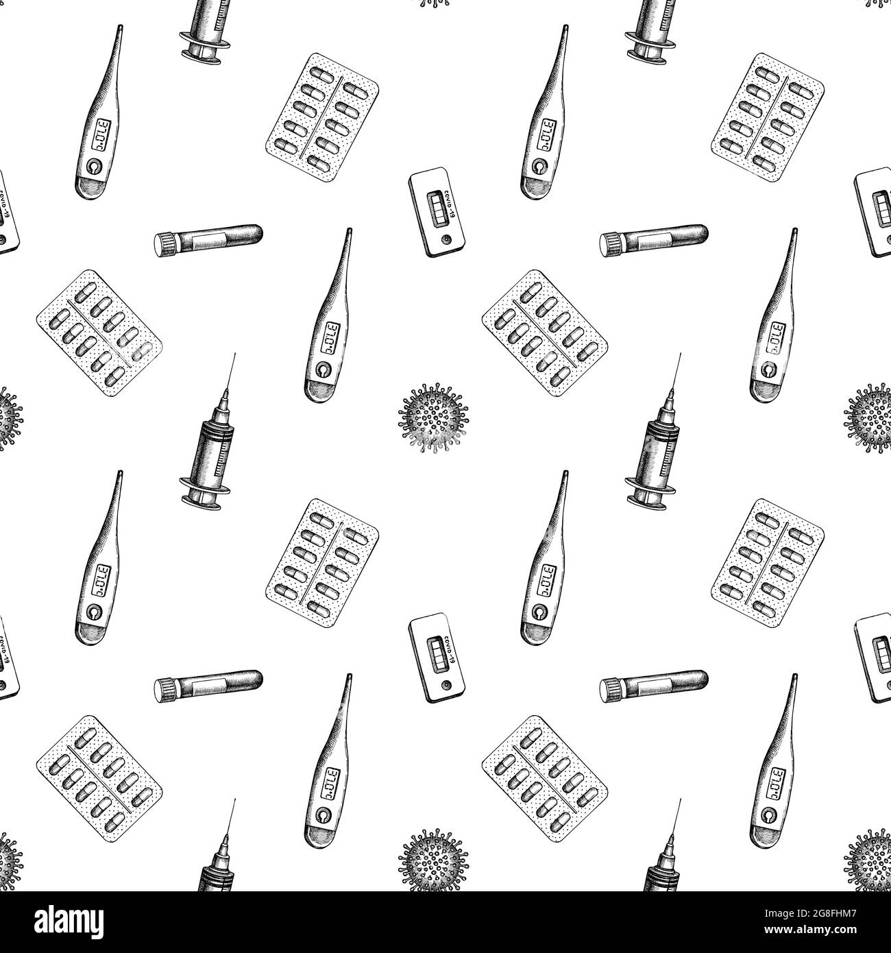 Schéma sans couture avec flacon noir et blanc de sang, pilules et médicaments, thermomètre médical, test rapide du coronavirus, cellule bactérienne du coronavirus Illustration de Vecteur