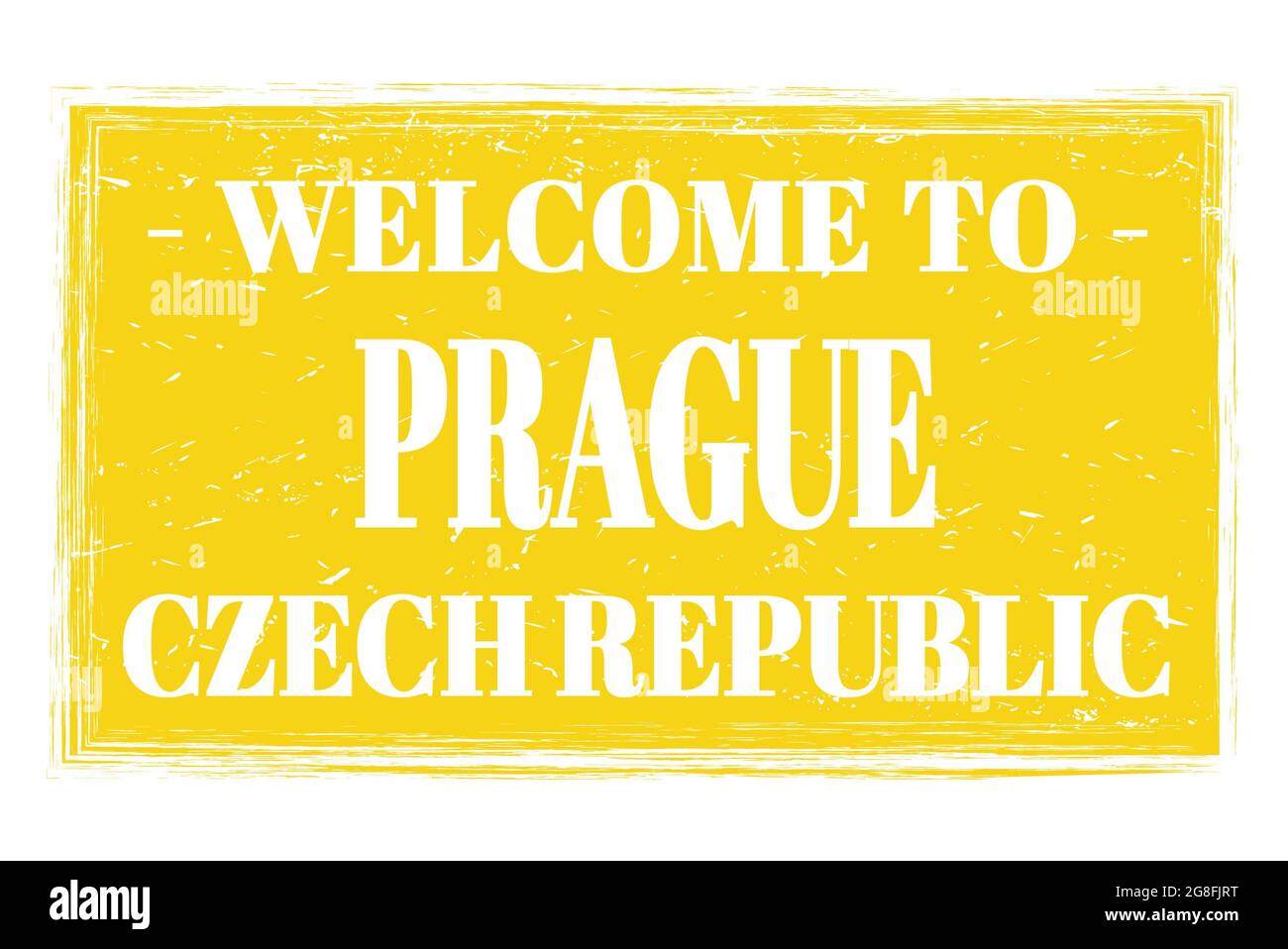BIENVENUE À PRAGUE - RÉPUBLIQUE TCHÈQUE, mots écrits sur le cachet de poste rectangle jaune Banque D'Images