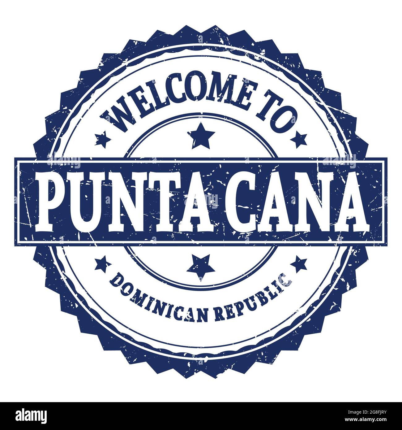 BIENVENUE À PUNTA CANA - RÉPUBLIQUE DOMINICAINE, mots écrits sur le timbre bleu rond en zigzag Banque D'Images