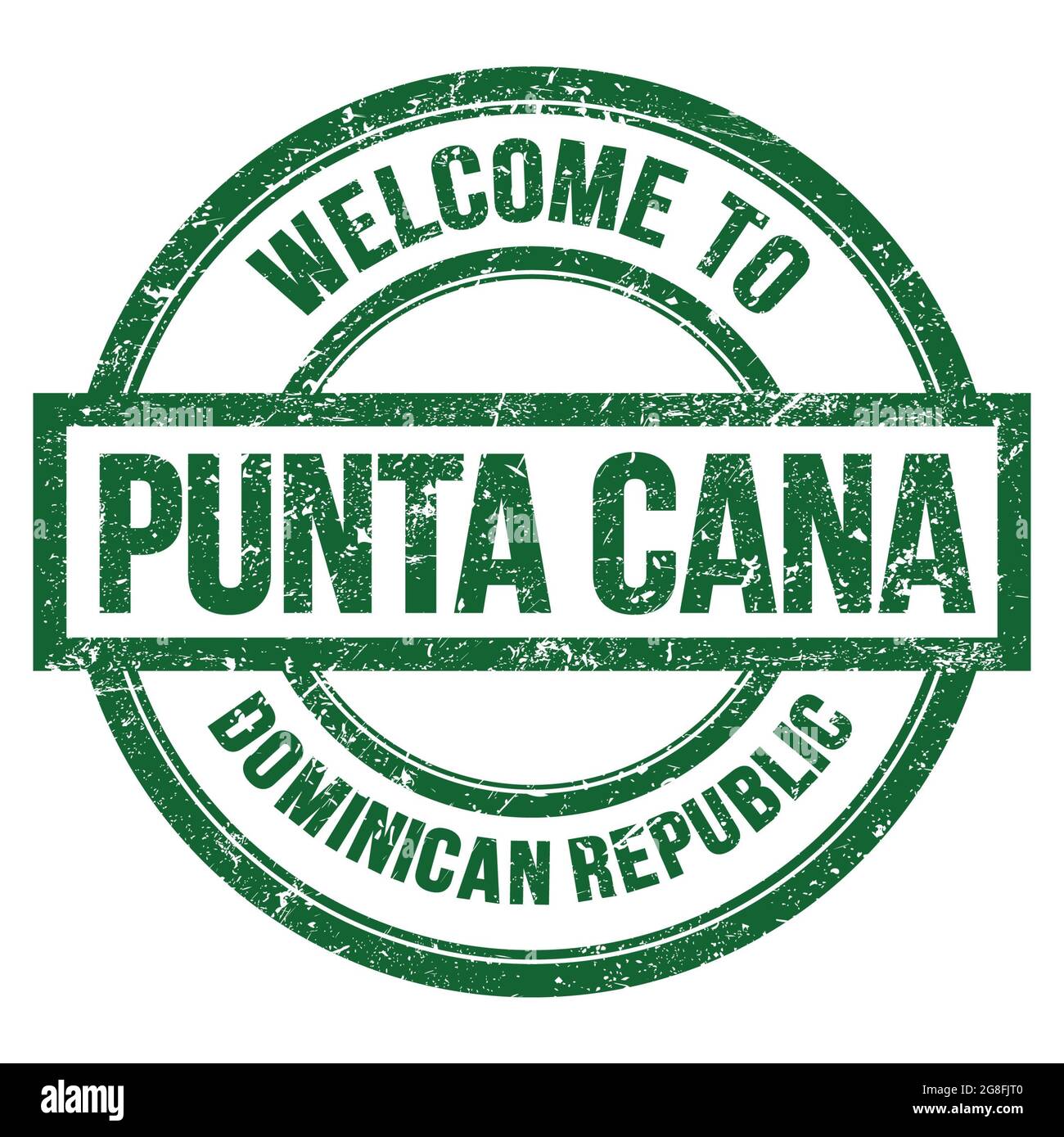 BIENVENUE À PUNTA CANA - RÉPUBLIQUE DOMINICAINE, mots écrits sur le timbre vert rond simple Banque D'Images