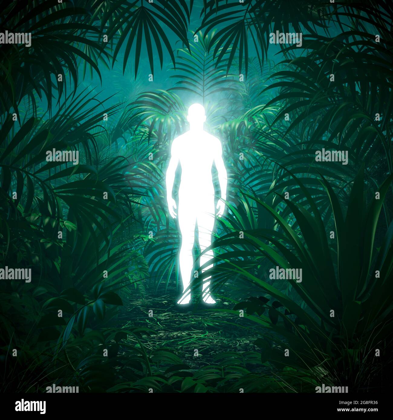 L'esprit masculin étranger de la forêt / illustration 3D de l'homme  fantomatique lumineux dans la jungle tropicale dense et verte Photo Stock -  Alamy