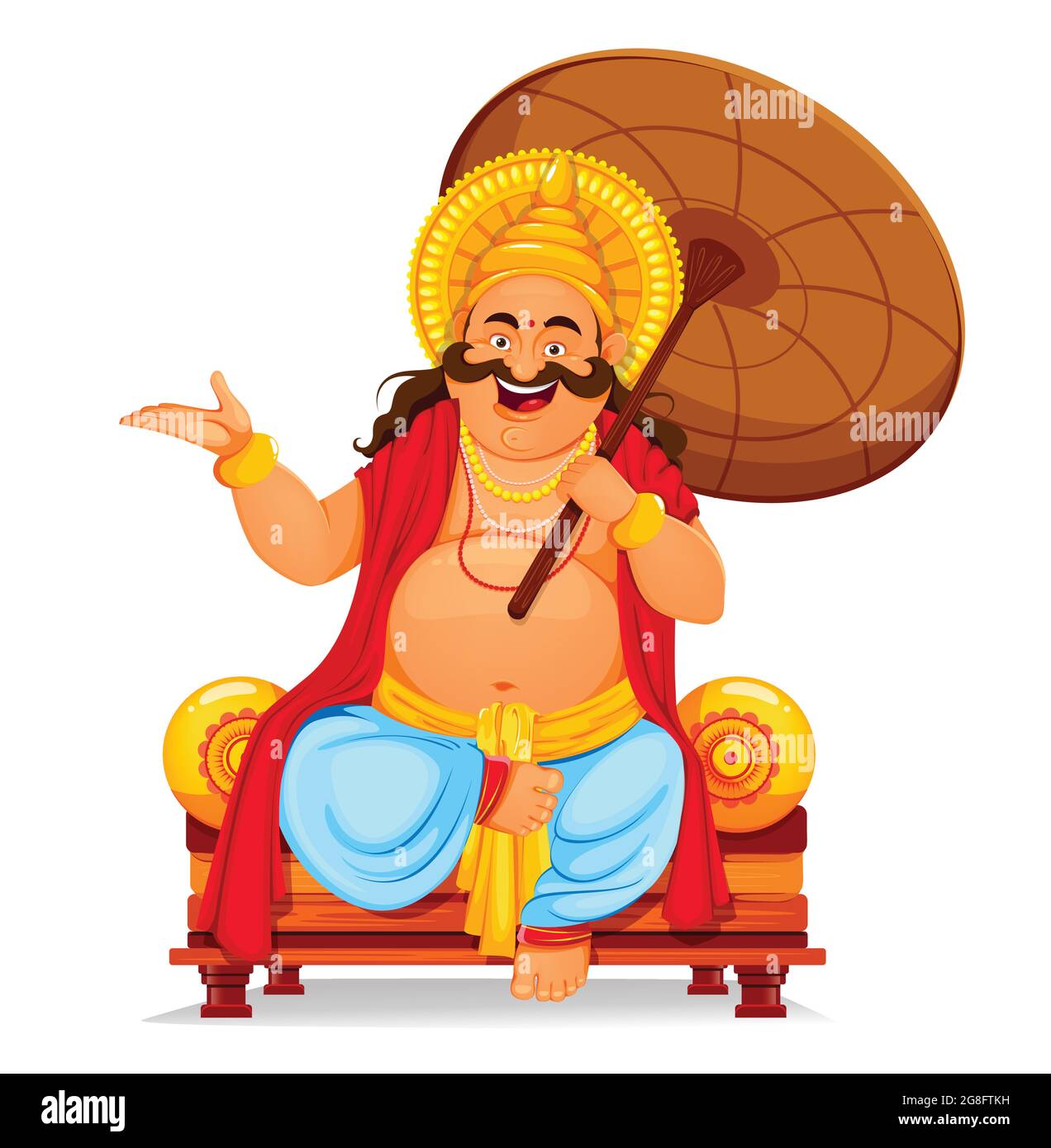 Carte de vœux du festival Happy Onam au Kerala. Fête de l'Onam, vacances traditionnelles indiennes. Le roi Mahabali est assis avec un parapluie. Illustration vectorielle Illustration de Vecteur