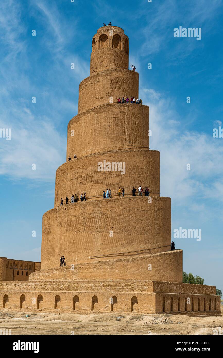 Minaret en spirale de la Grande Mosquée de Samarra, site classé au patrimoine mondial de l'UNESCO, Samarra, Irak, Moyen-Orient Banque D'Images