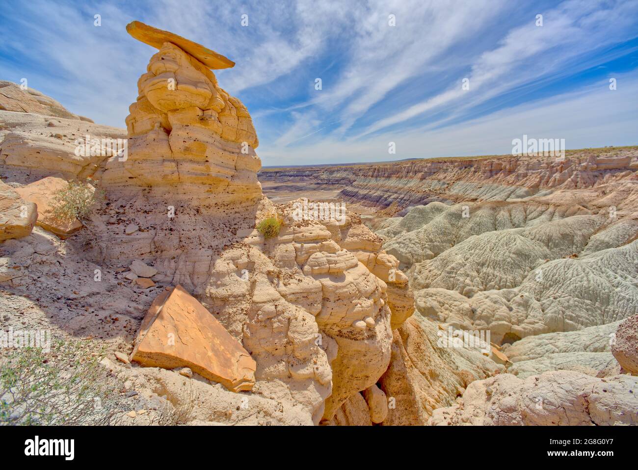 hoodoo à sommet plat au bord d'une falaise le long de la piste Billings Gap sur Blue Mesa, parc national de la forêt pétrifiée, Arizona, États-Unis Banque D'Images