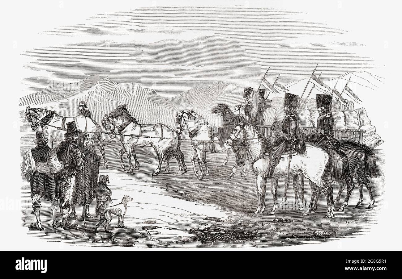 Troupes britanniques escortant une charrette pendant la Grande famine ou la grande faim, 1845 - 1852. Des convois alimentaires ont été déplacés sous escorte de la police et souvent attaqués. Après une illustration dans le numéro du 30 octobre 1847 du Pictorial Times. Banque D'Images
